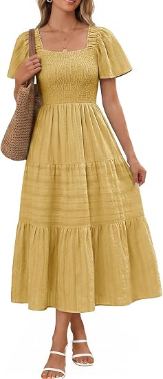 Women Summer Midi Casual Smocked Boho Dress with Pockets