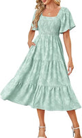 Women Boho Maxi Dresses Summer Short Sleeve Square Neck Smocked Flowy Midi Casual Beach Party Dress with Pockets
