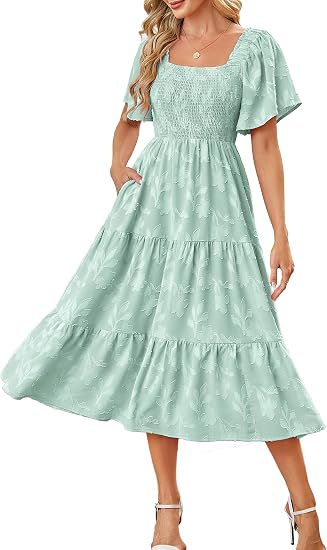 Women Boho Maxi Dresses Summer Short Sleeve Square Neck Smocked Flowy Midi Casual Beach Party Dress with Pockets