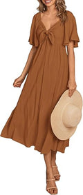 Women's Summer Bow Tie V Neck Midi Dresses